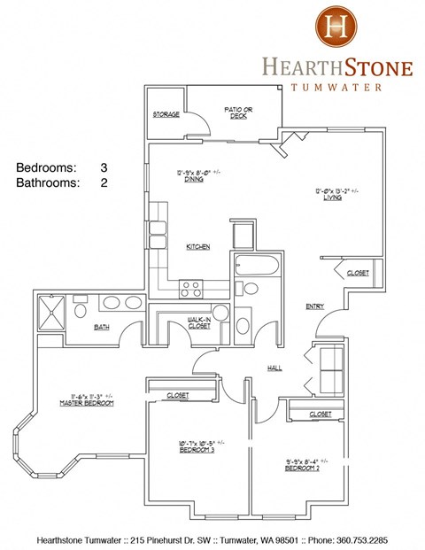 Floor plan for 3 beds, 2 baths, 1101 sqft